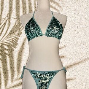 Sequin Halter Bikini Set-turquoise